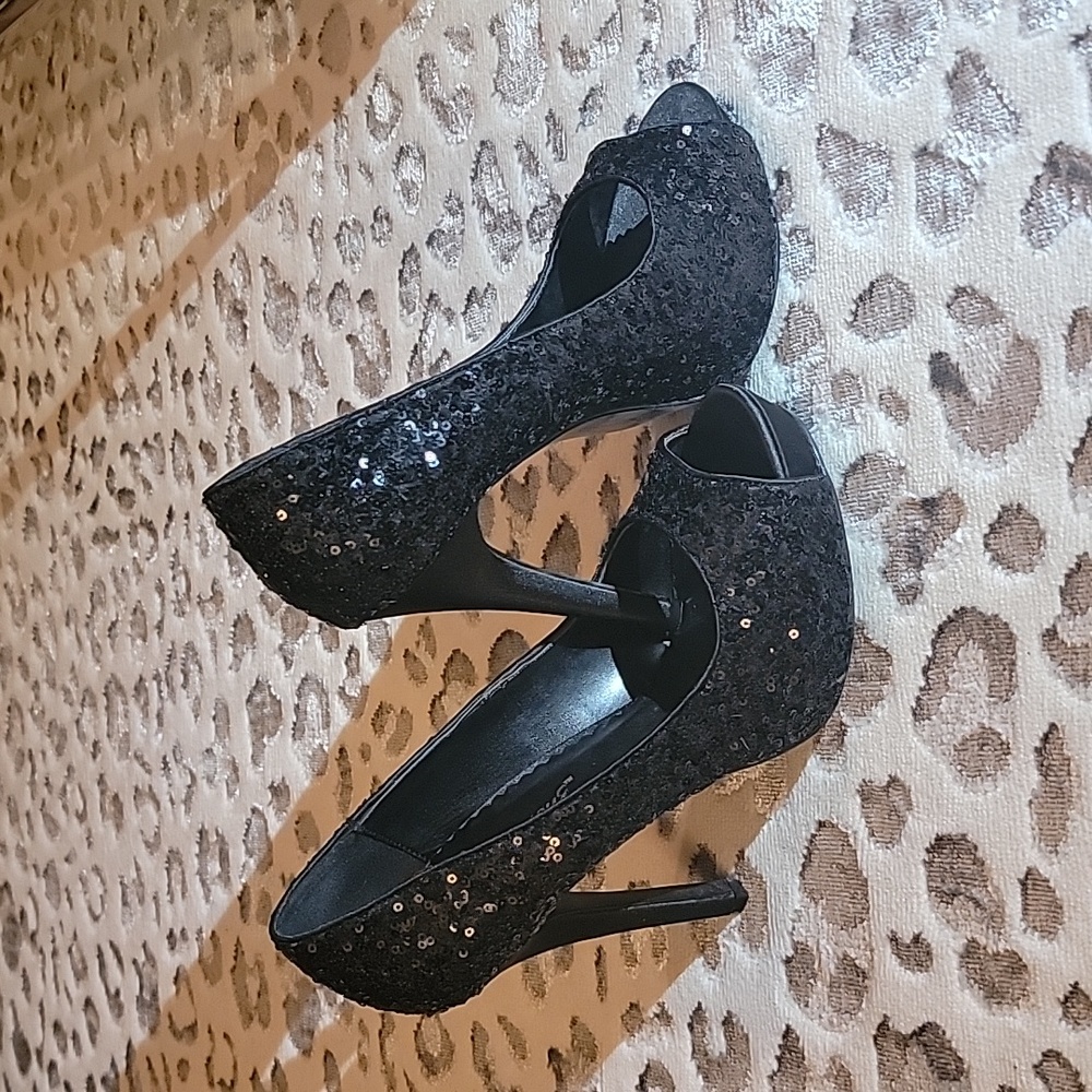 Black Sequin Peep-Toe High Heels